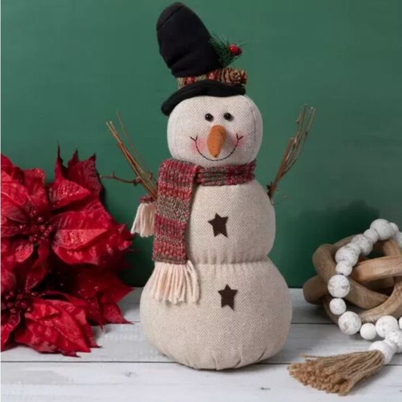 Herringbone Snowman Plush Festive Snowman Decoration with Scarf and Hat - Picture 1 of 4